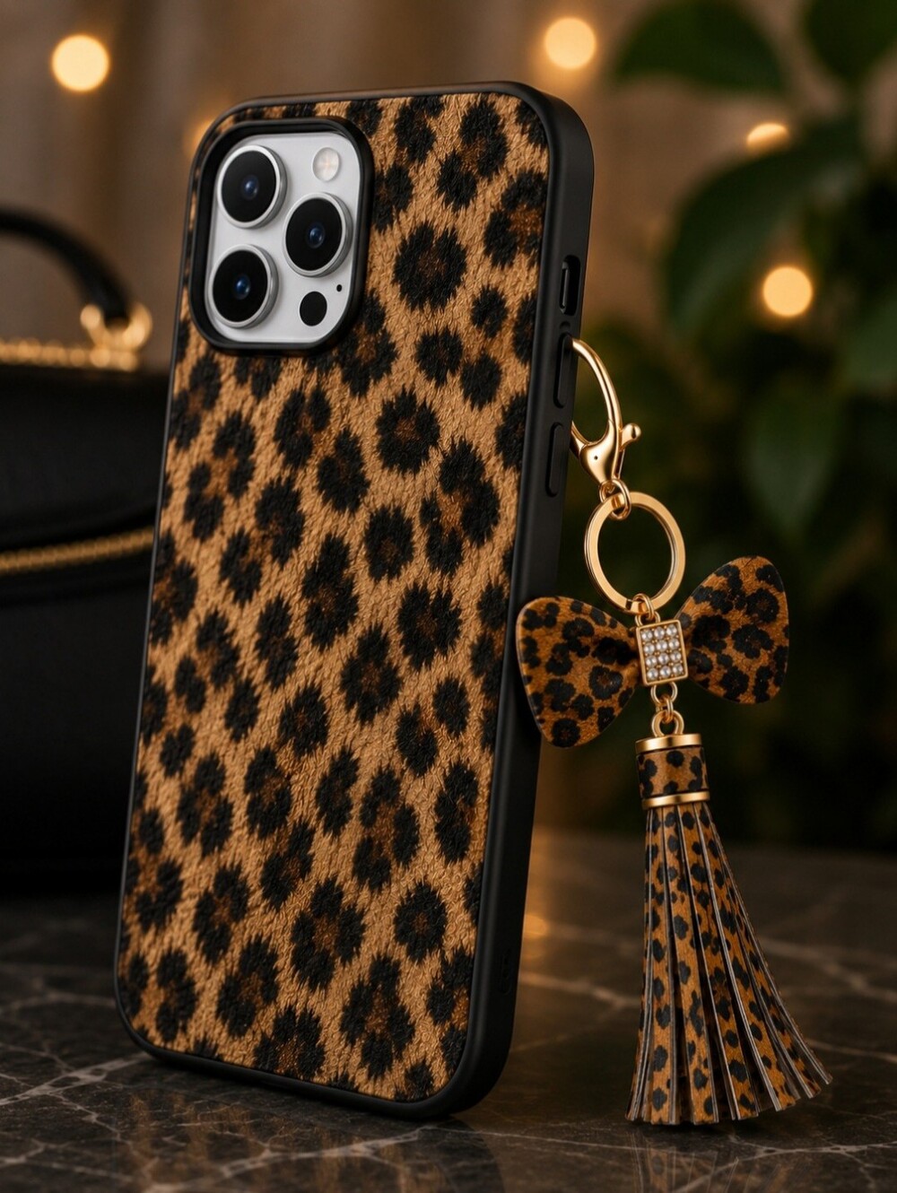 Leopard Print Bow Tassel Keychain - Gold Hardware